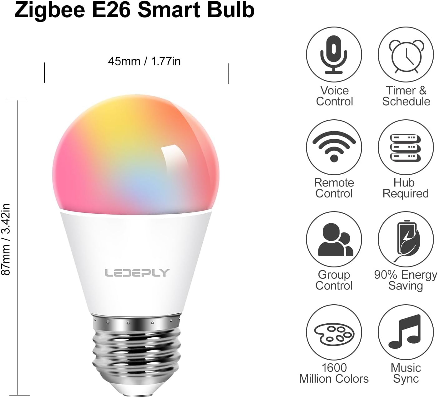 Zigbee A15 Smart Bulbs, Hub Required (Compatible with Hue*, Alexa, Google & ConBee), E26, 5W=40W,400LM Color Changing, Dimmable WiFi Light Bulbs, 2Pack