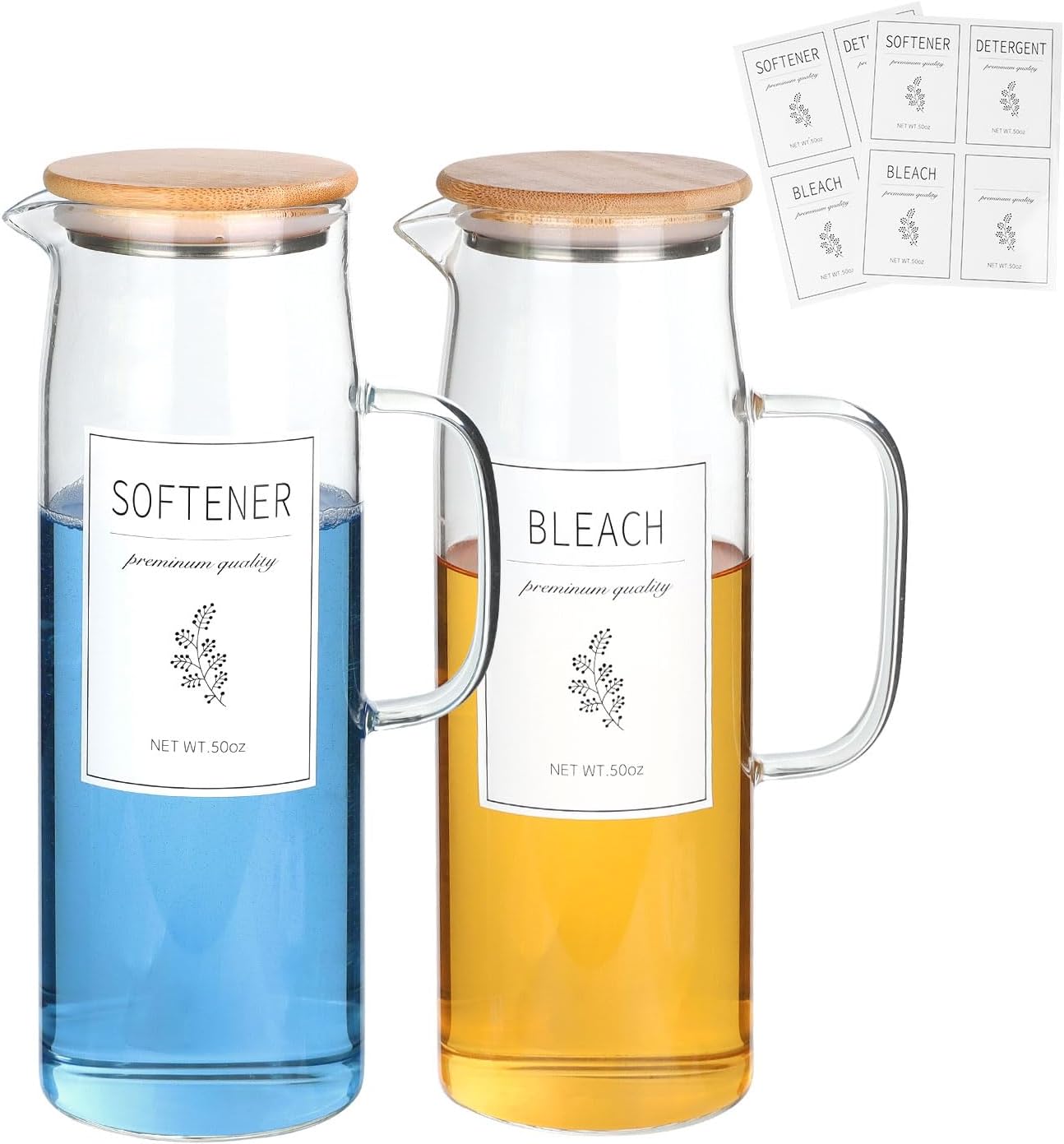 KitHero Glass Laundry Detergent Dispenser Set with Bamboo Lids and