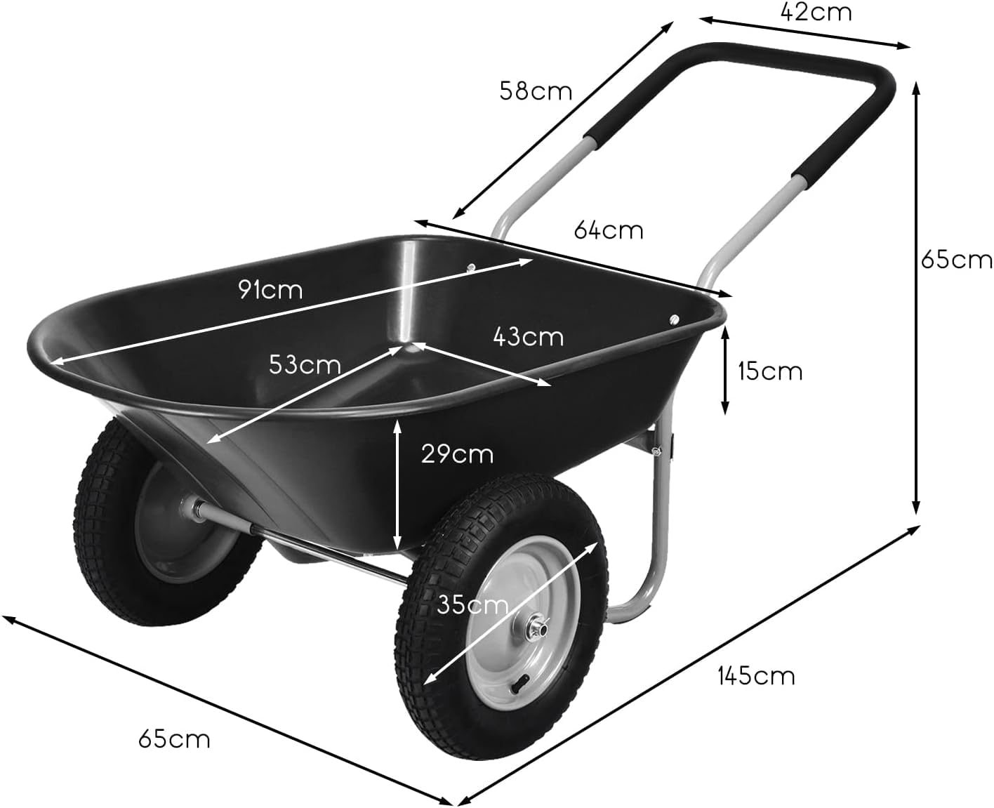 GYMAX Carretilla de Jardín de 100 litros de Volumen con 2 Neumáticos de Aire, Carretilla de Transporte con Asa, Carretilla de Construcción de hasta 100 kg, Apto para Patio y Almacén (Negro)
