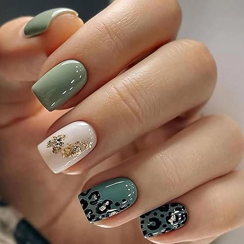 Uñas postizas cortas a presión cuadradas con diseño de lámina dorada, uñas postizas de leopardo verde, uñas acrílicas de cobertura completa, uñas