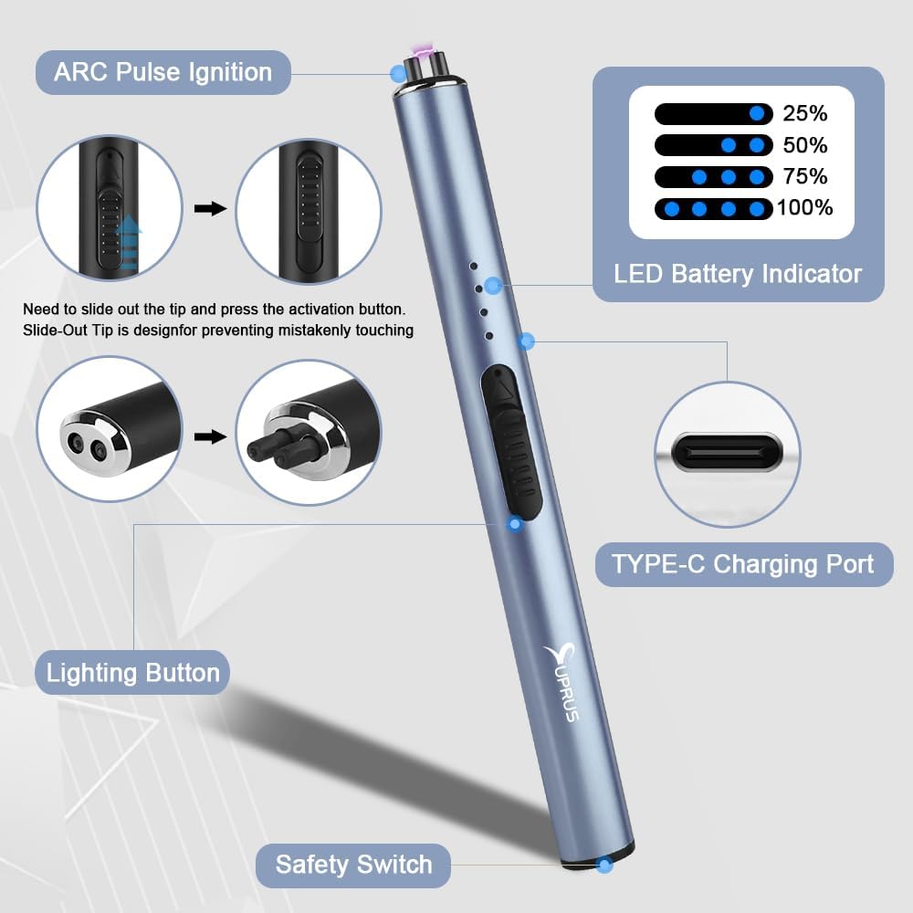SUPRUS Electric Arc Windproof Flameless USB Rechargeable Lighter with Safety Lock for Candle (Blue)