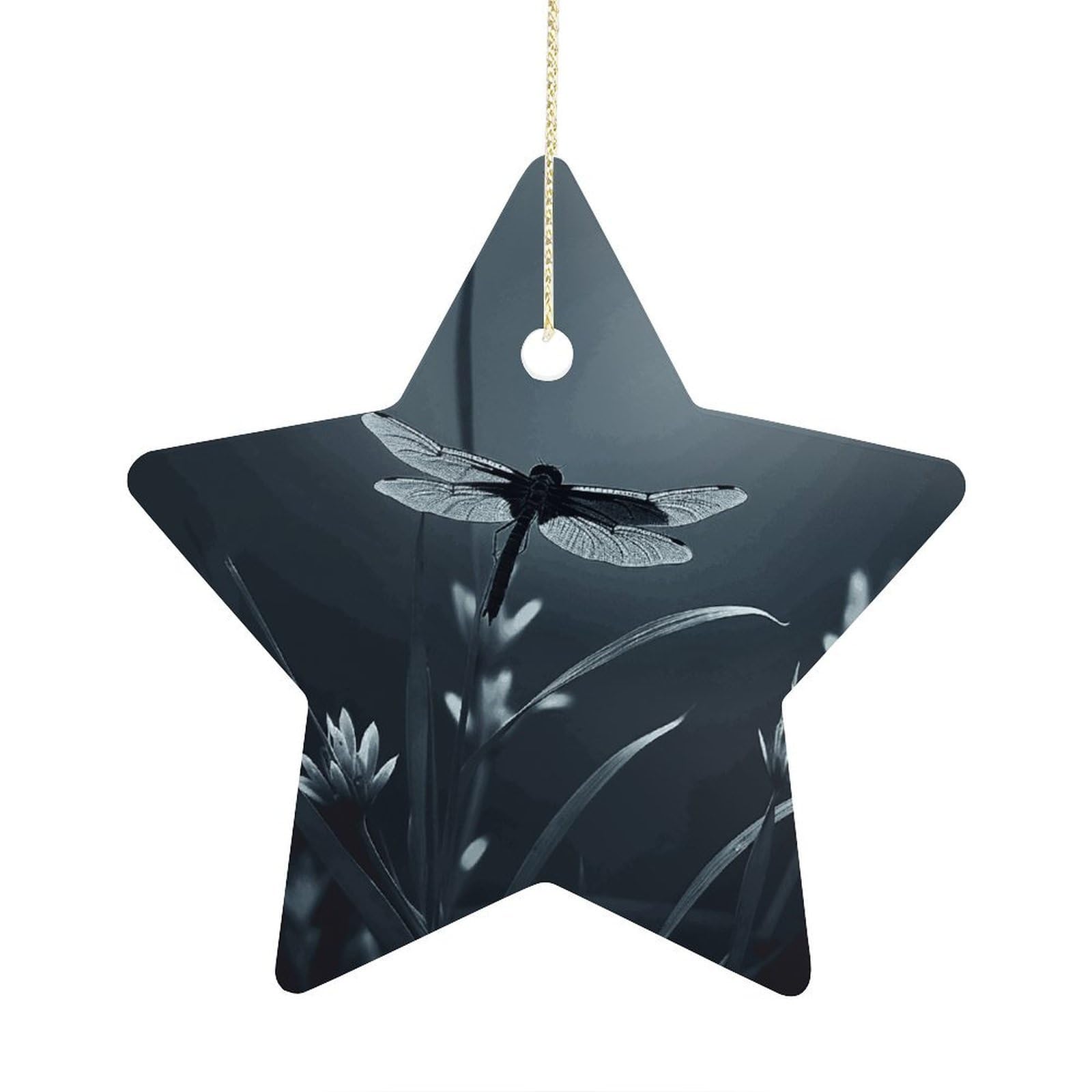 Dragonfly Silhouette Stars Ornaments Ceramic Christmas Tree Hanging Light in Weight Christmas Star Pendants Funny Double-Sided Printed Xmas Ornaments for Gifts
