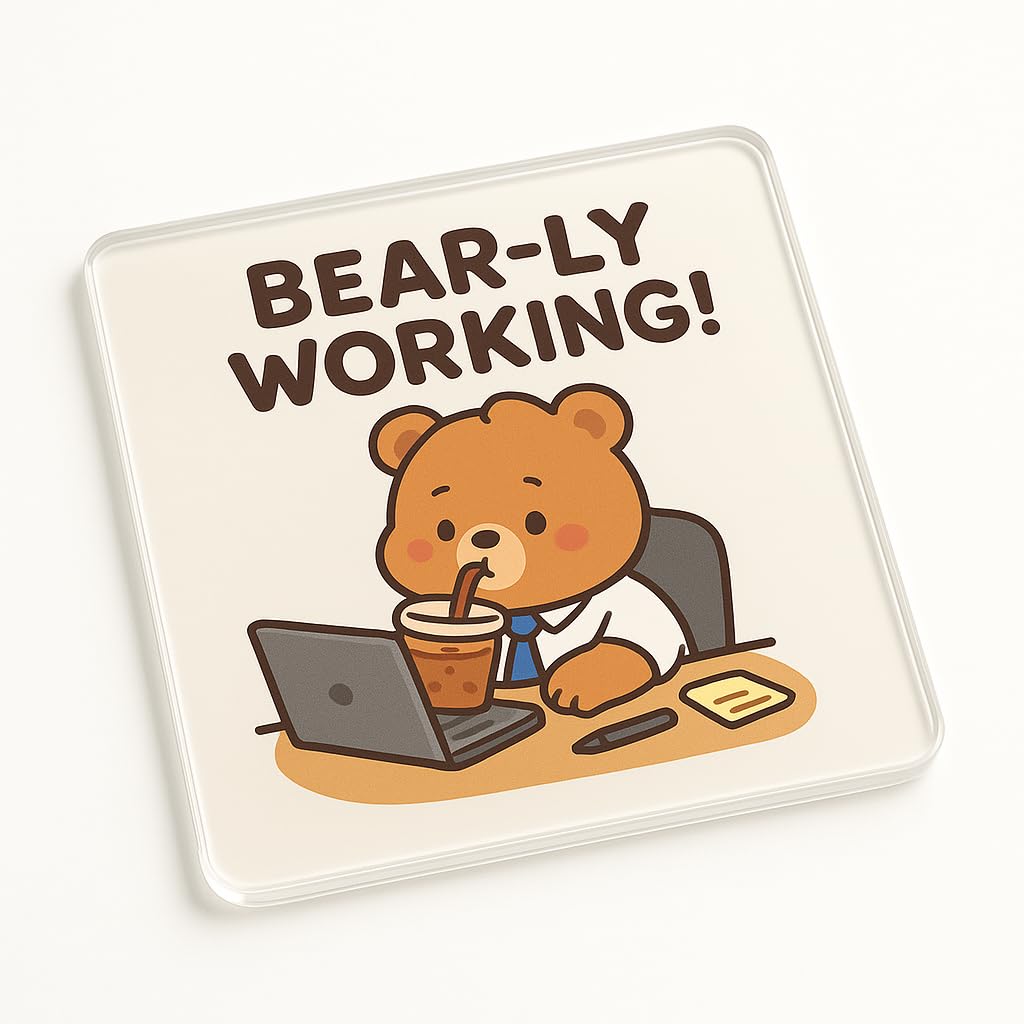 The Plum Penguin Bearly Busy Acrylic Coaster Gift With Humorous Cartoon Bear Design - Office Decor For Colleague Secret Santa