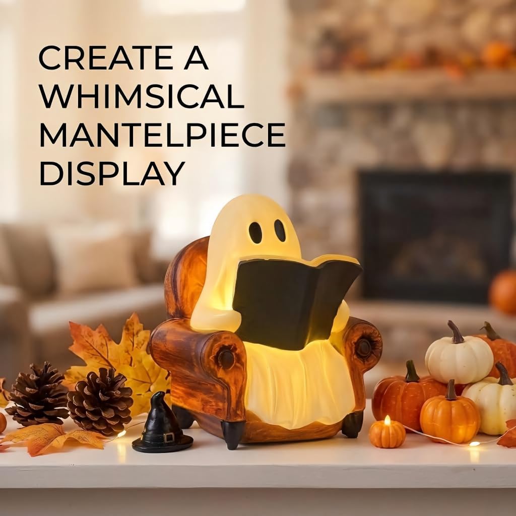 Cute Ghost Reading Book Lamp, Halloween Ghost Figurine with LED Light, Spooky Bookshelf Decor for Reading Nook image 5