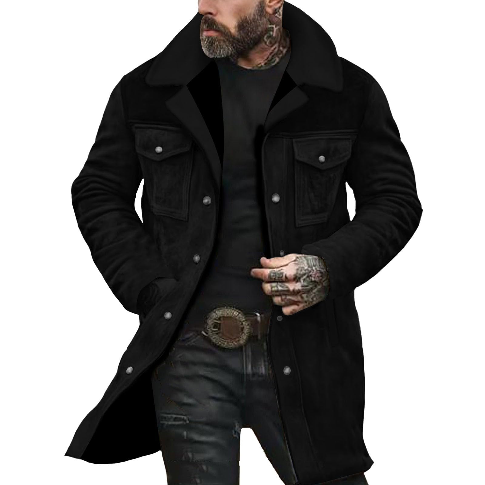 Trench da uomo di media lunghezza, in pelle scamosciata, trench da uomo | Cappotto con zip e bottone a pressione Abbigliamento da lavoro retrò Colletto con risvolto Giacche casual Blocchi di colore