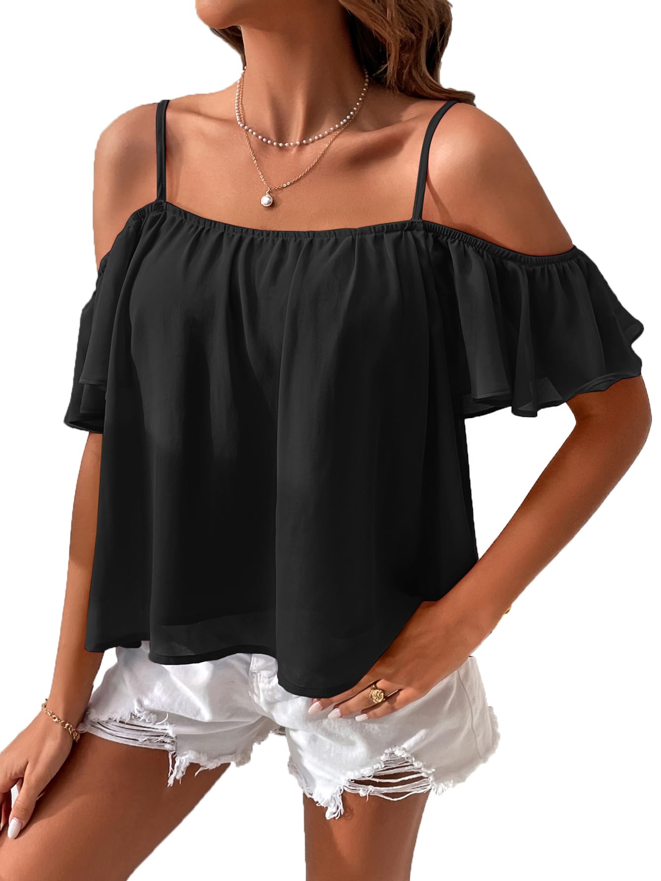 VerdusaWomen's Casual Cold Shoulder Butterfly Sleeve Blouse Top Shirt