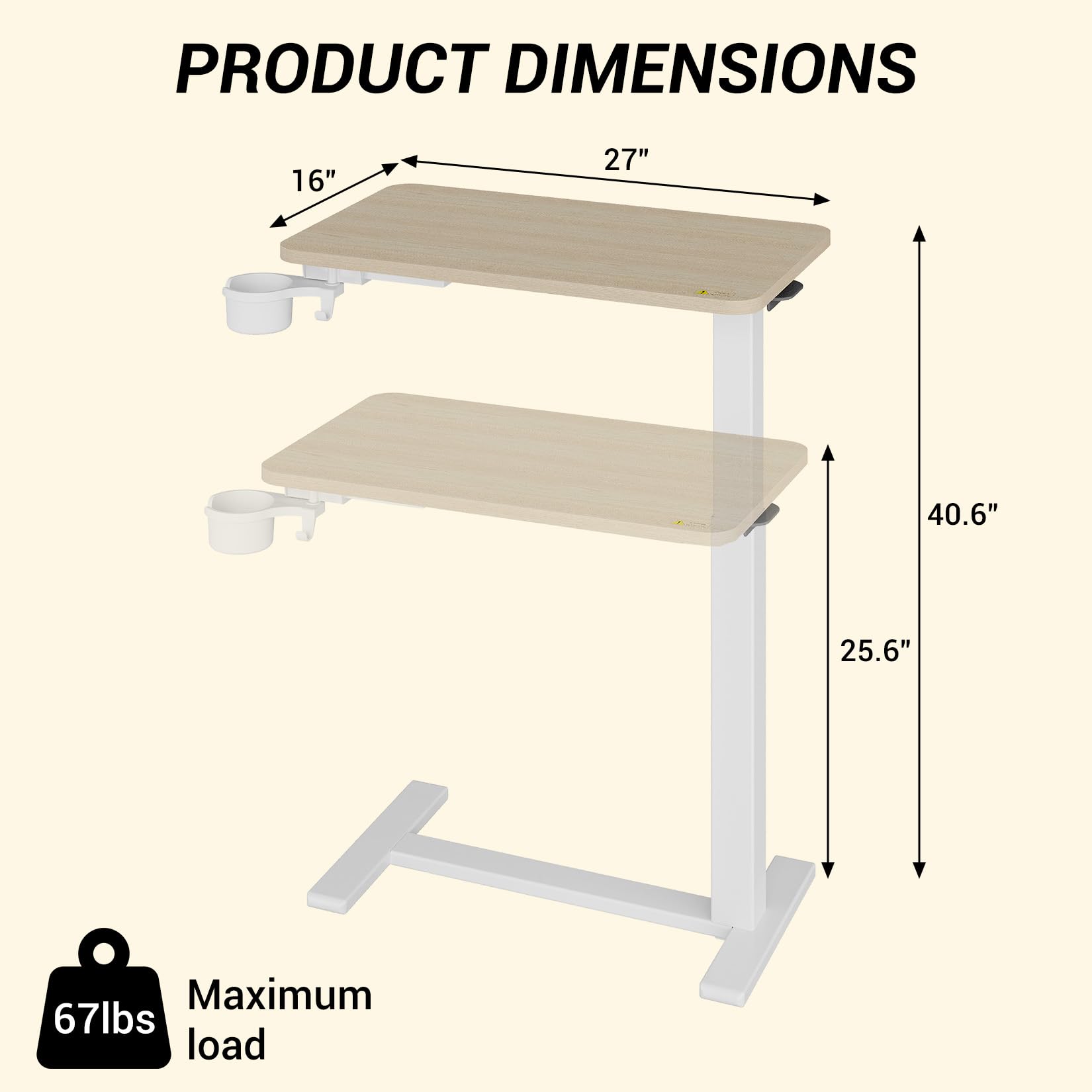 GarveeHome Tavolino Letto Regolabile Ruote Altezza Tramite Sistema Pneumatico, Vassoio TV Pieghevole, Robusto Telaio in Acciaio e Piano Legno, Mobile Per Letto, Divano, Casa o Ufficio