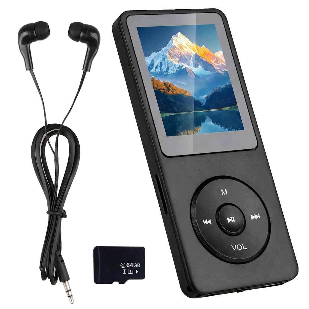 Lettore MP3 Bluetooth 5.3 64GB con Altoparlante, Autonomia 70H, Schermo 1,8”, MP4 Bluetooth Leggero, Lettore MP3 Bluetooth per Bambini Sport HiFi senza Perdita, Scheda TF 64GB
