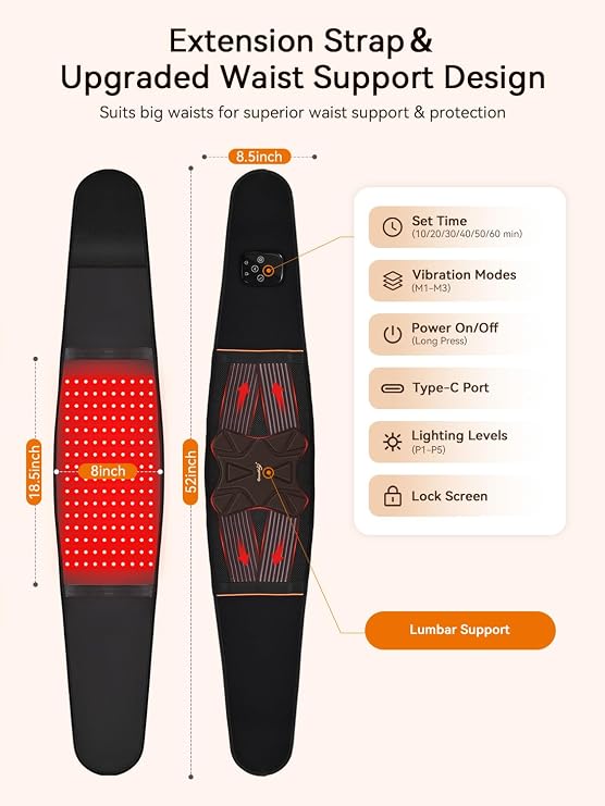 Gracekey Red Light Therapy Belt, FSA HSA 5000mAh Cordless with Vibration Massage | 660nm & 850nm Wavelengths, Adjustable Wrap, for Back Waist Belly Shoulder, Daily Wellness