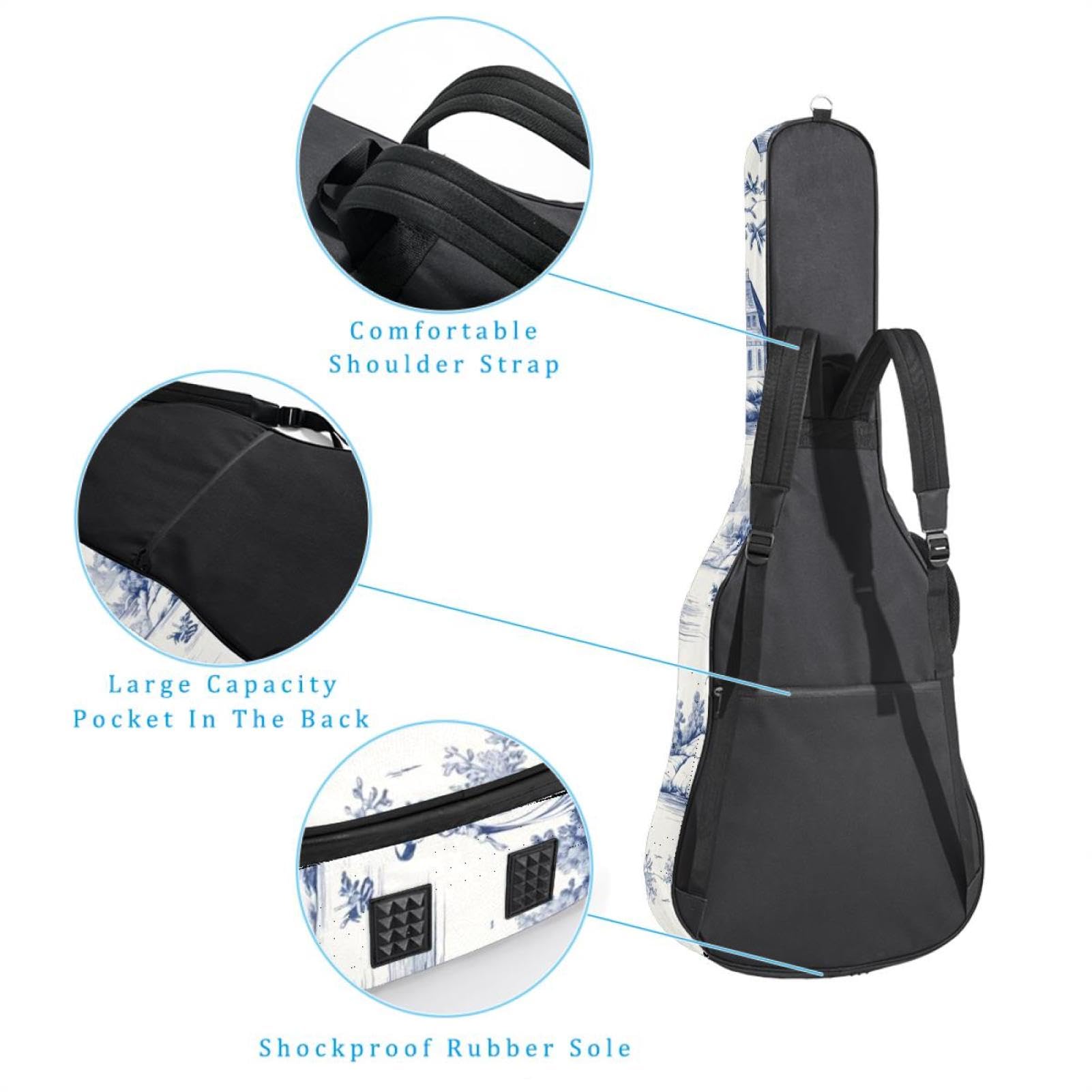 Gitarrentasche für Akustikgitarre mit zwei Taschen, Weiß und Blau, Toile, wasserabweisend, doppelt verstellbarer Schultergurt, Gitarrentasche, Weiße und blaue Toilette, 42.9x16.9x4.7 in, Stilvoll
