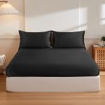 THXSILK 6A+ Top Grade 100% Pure Mulberry Silk Queen Fitted Sheet 3Pcs Set Bed Sheets Luxury Bedding for Hair and Skin Breathable Cooling Natural Materials, 1 Fitted Sheet with 2 Pillowcases, Black