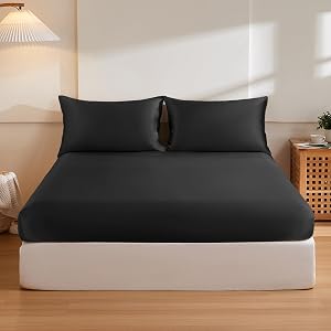 THXSILK 6A+ Top Grade 100% Pure Mulberry Silk Queen Fitted Sheet 3Pcs Set Bed Sheets Luxury Bedding for Hair and Skin Breathable Cooling Natural Materials, 1 Fitted Sheet with 2 Pillowcases, Black