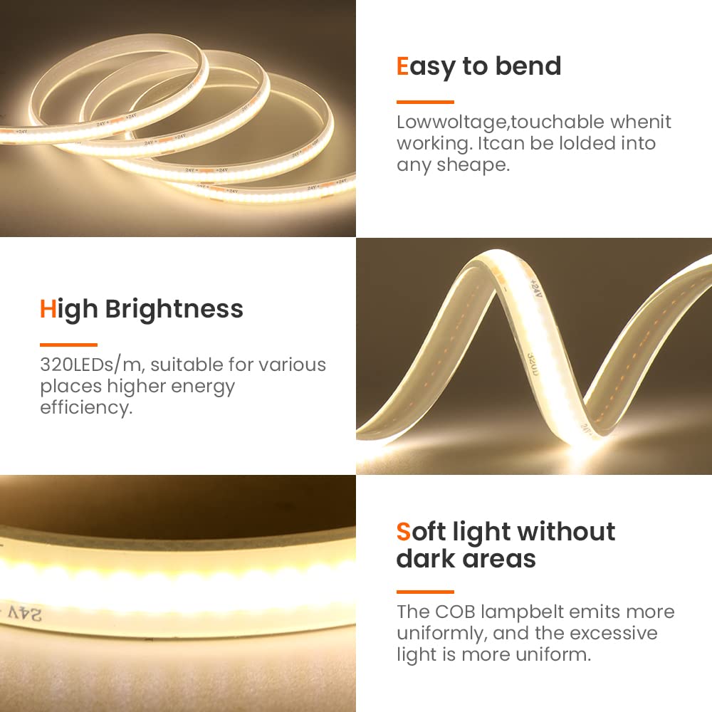 Tira LED COB 20m, 24V Tira de luz LED Impermeable IP68, 320LEDs/m Tira LED Blanca Cálida Flexible súper brillante,cadena de luces LED de 2 hilos para acuario(No incluye fuente de alimentación)