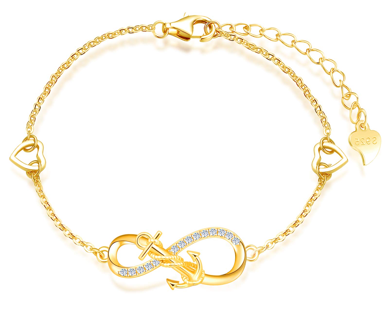 Bracciali da donna in argento 925, Bracciale di simbolo dell'infinito con ancora, bracciali di cuore regolabile, argento, Regalo di Natale di compleanno