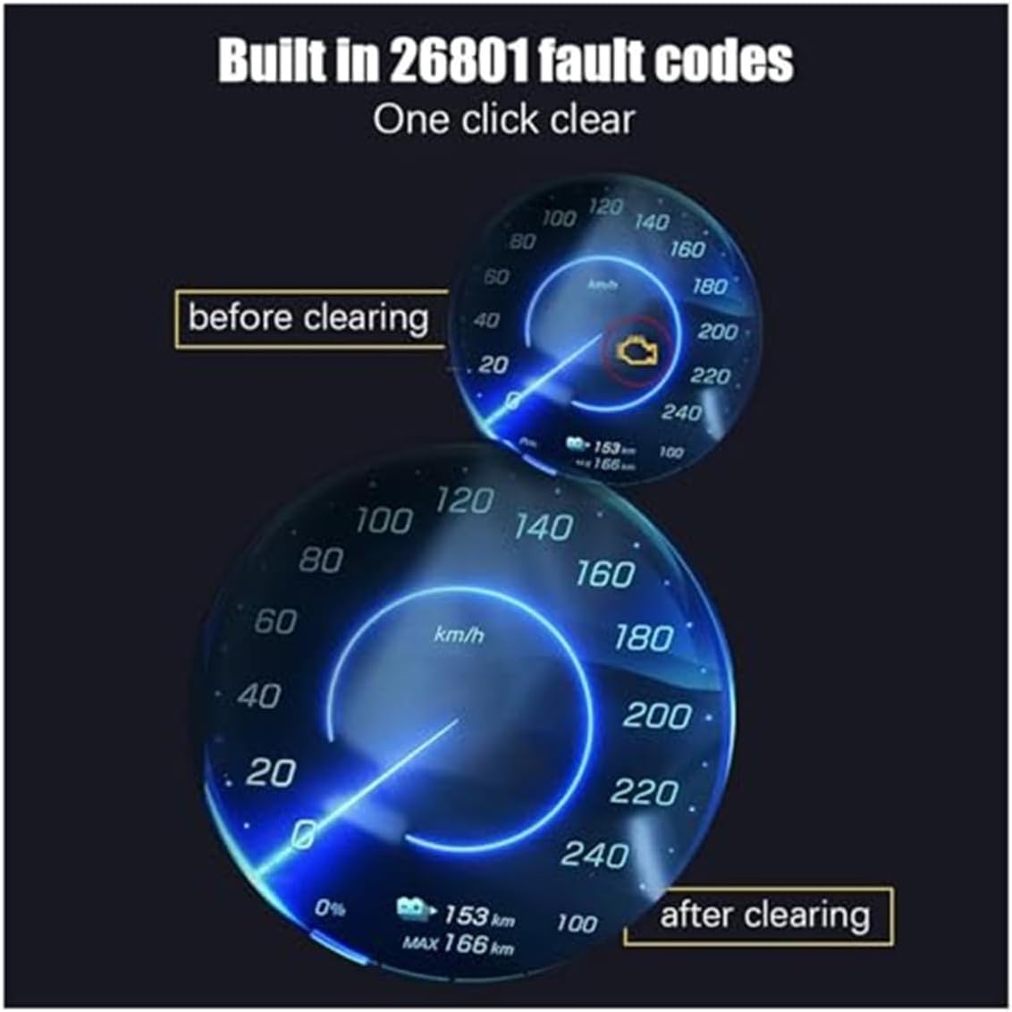 Vehicle dashboard showing a check engine light 'before clearing' and then clear gauges 'after clearing' fault codes.