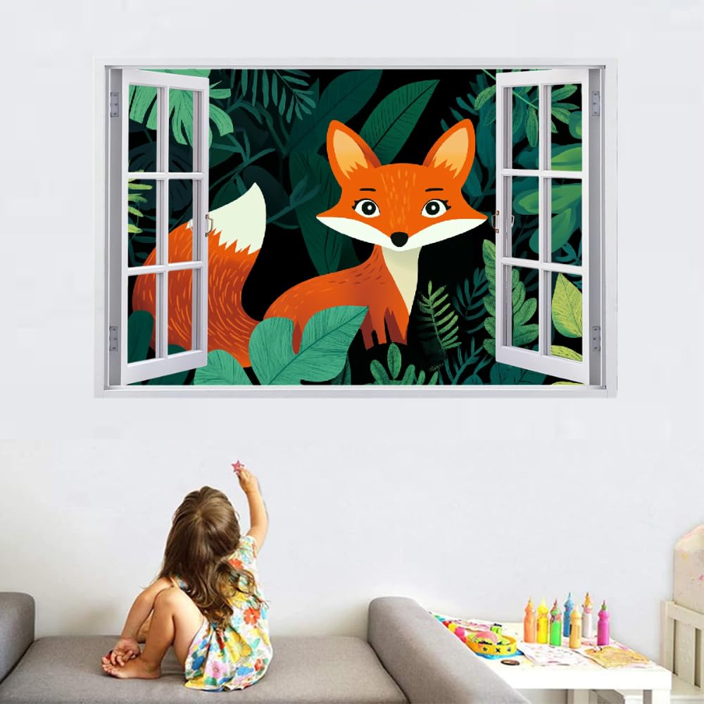 Decalcomanie da muro Art 3D Fracassato Cartone Animato Di Volpe Adesivi murali removibili Pianta Verde Carta da parati Camera da letto autoadesivo per ragazze Camera da letto Nursery Home Decor Gift