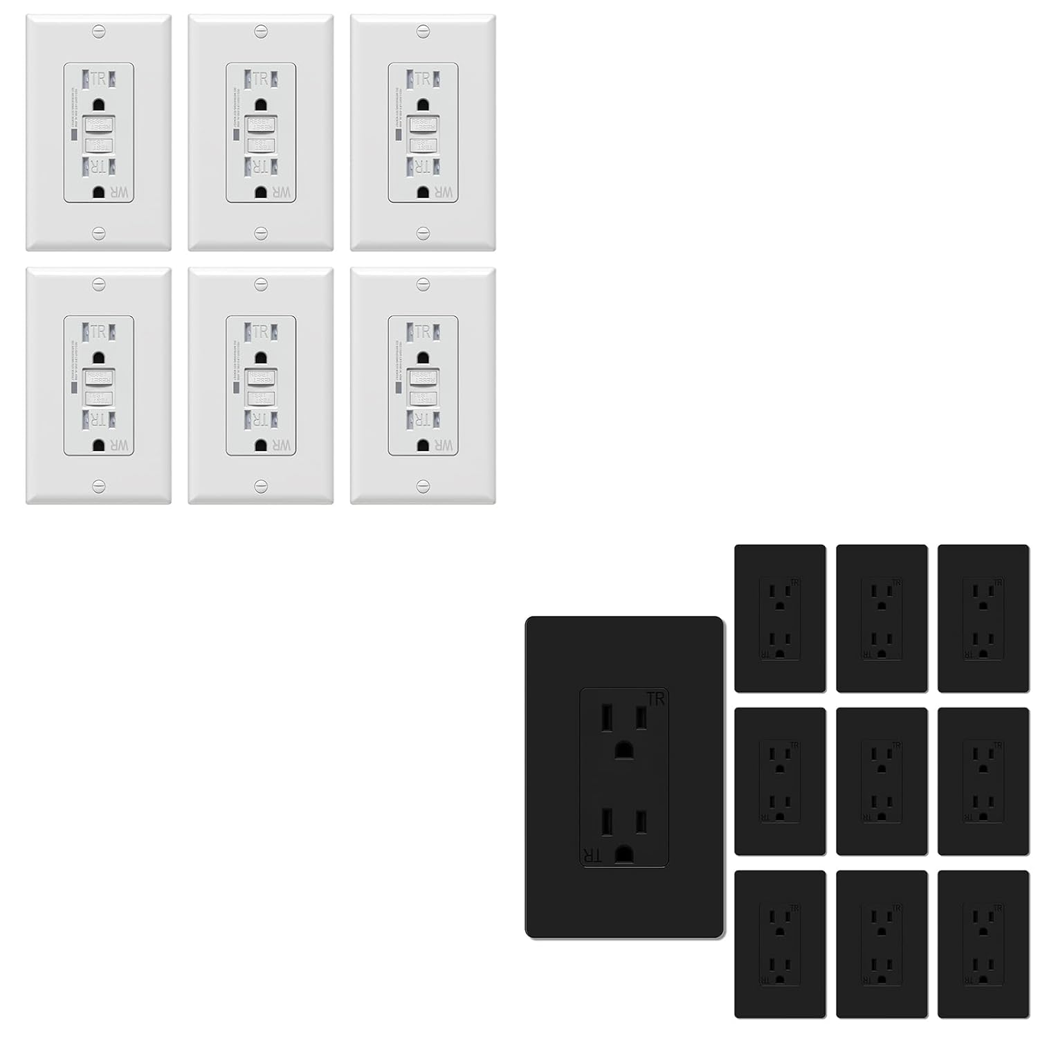 WEBANG 6 Pack White GFCI Outlet and 10 Pack Black 15A Wall Outlet with Screwless Plate