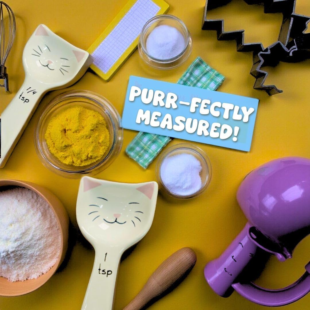 Cat Measuring Spoons - Cute Measuring Spoons Set w/Ribbon- Cat Kitchen Accessories for Cat Baking Supplies - Ceramic Measuring Spoons Set - Cat Themed Kitchen Items- Baking Gifts for Women (Set of 5)