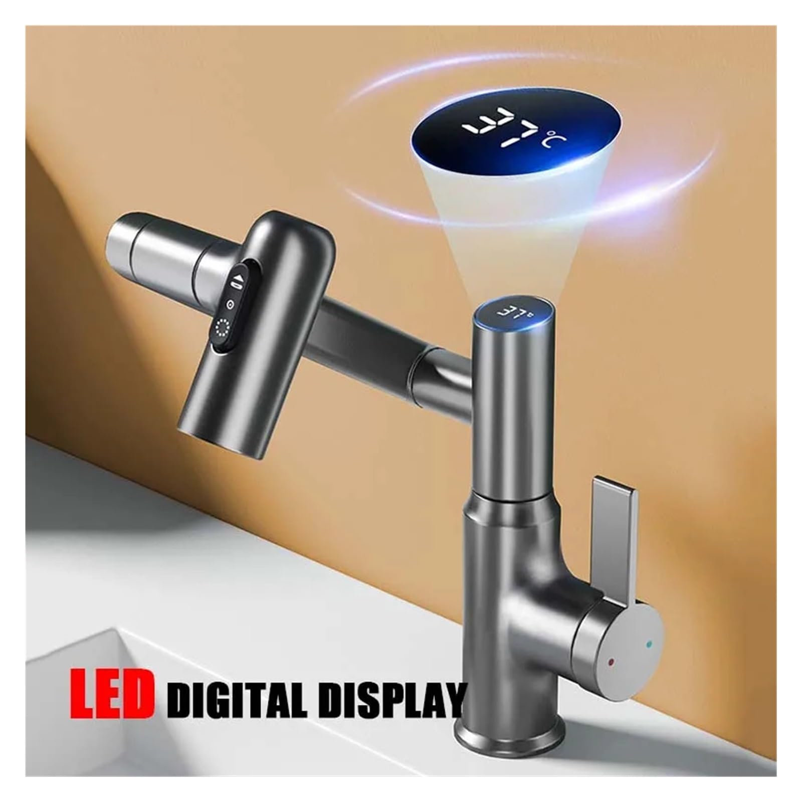 Grifo de lavabo extraíble giratorio de 360° con mezclador de agua caliente y fría, montaje en encimera, pistola de pantalla digital, gris, grifo moderno para lavabo de baño para estilo y funcionalidad