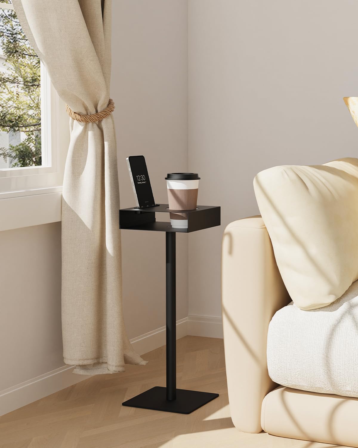 Yawinhe Set 2 Tavolino Laterale Moderno,Tavolino per Spazi Ridotti,Nero | Tavolo Compatto per Bevande;Tavolino Laterale Moderno da Divano con Slot per cellulari e bicchieri Per Camera da Letto