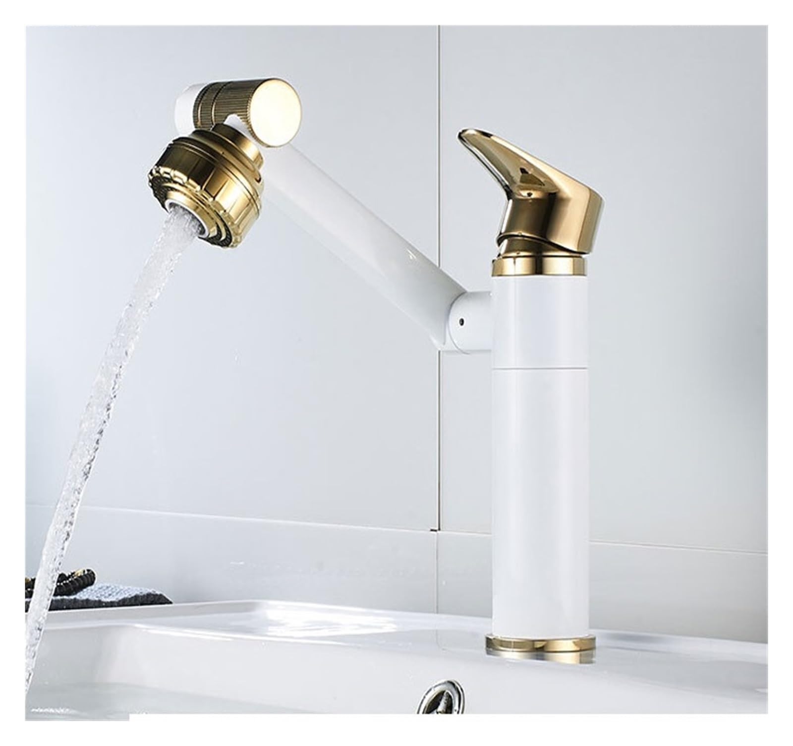 Robinet de lavabo à bras robotisé rotatif blanc et or design