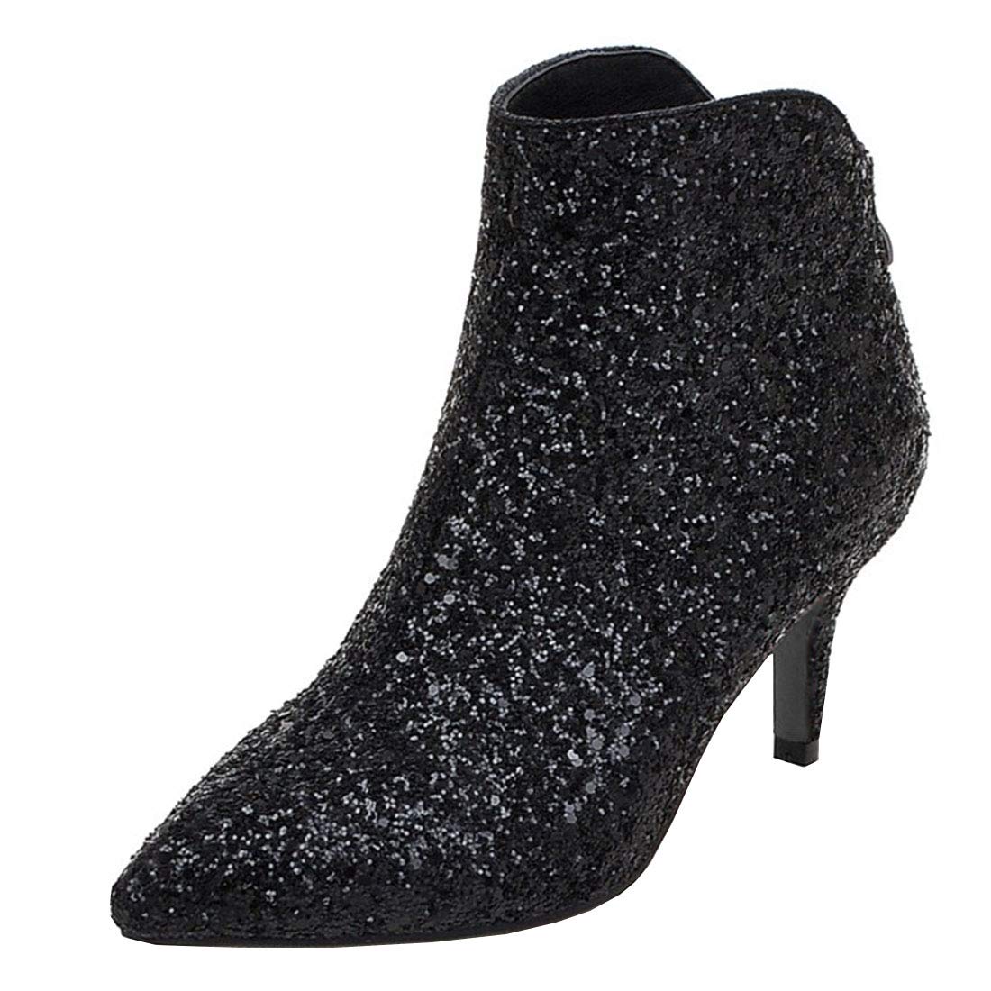Womens Sequin Glitter High Heel Boots Zip Up Pointed Stiletto Ankle Boots