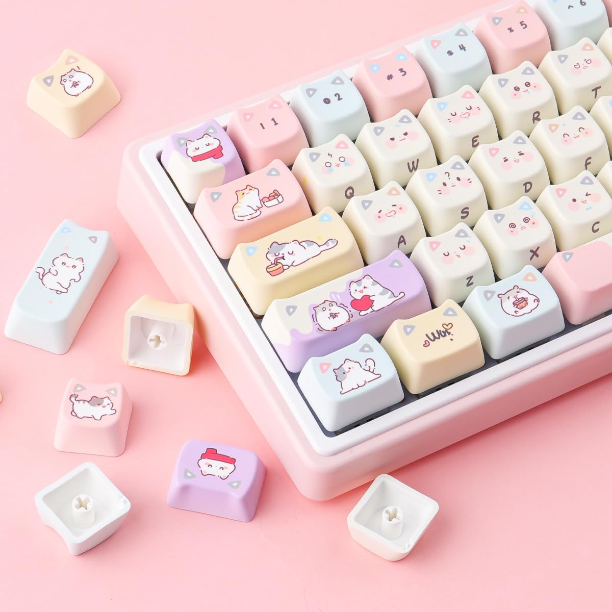 Tsungup PBT Keycaps Mao Profile-Pink Cream Keycap,127 Keys Cute Hiding Cat Theme Custom Key Caps Keyboard Keycaps, Dye Sub Keycap Set for 60%,65%,75%,100% Mechanical Keyboard