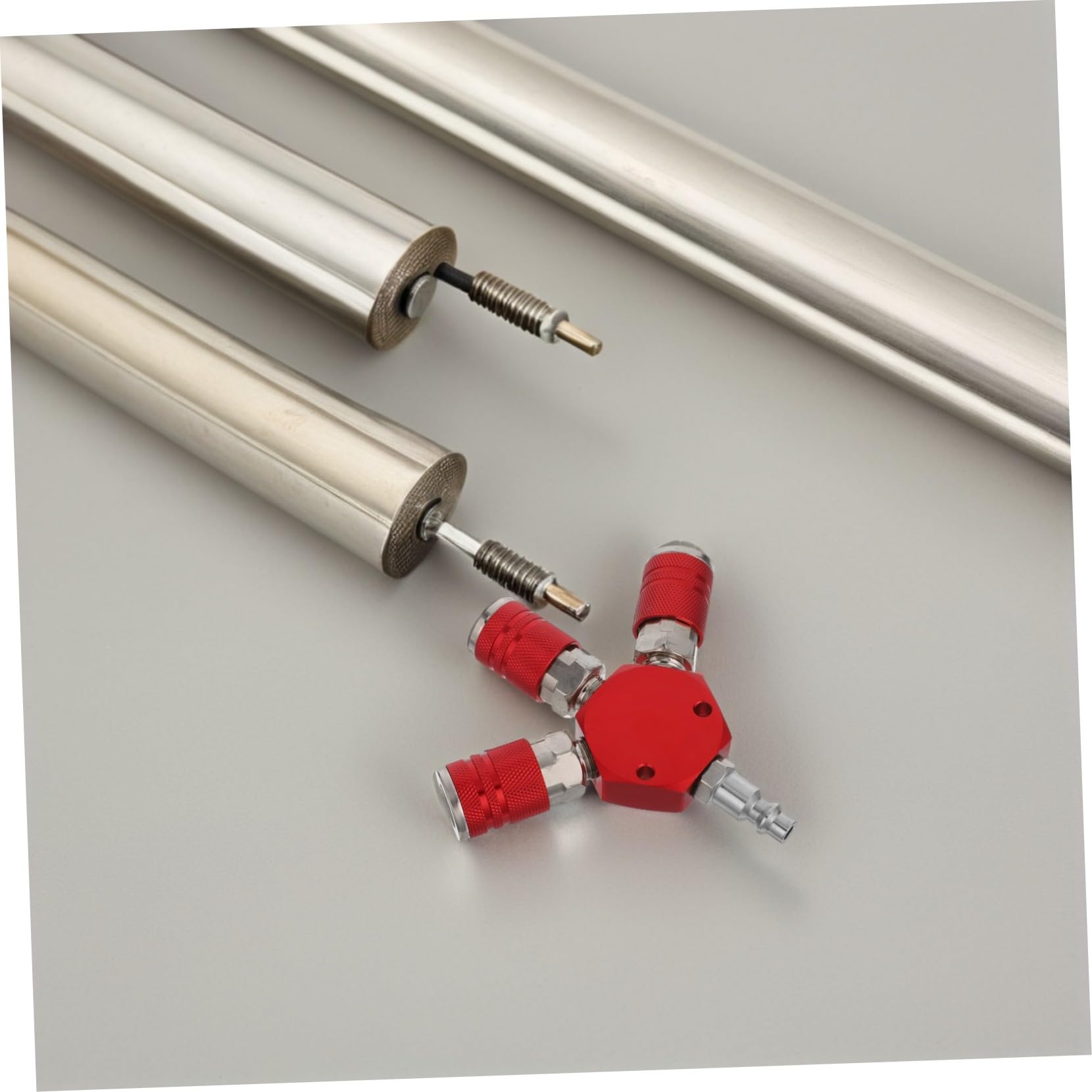 Colector Aire Neumático Rojo Acero Carbono Resistente Alta Presión con Acoplamientos Rápidos para Compresores Industriales