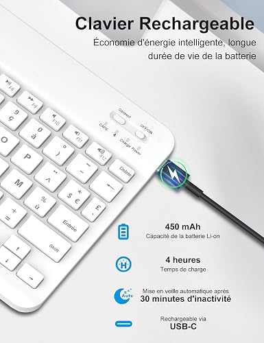 FOGARI Clavier Tablette Bluetooth 10 Pouces - AZERTY Français Clavier Léger Fin Keyboard pour iPad Samsung Galaxy Redmi/XiaomiPad HuaweiPad Honor Pad Fire HD, pour Android/iOS/Fire OS, Blanc - 7