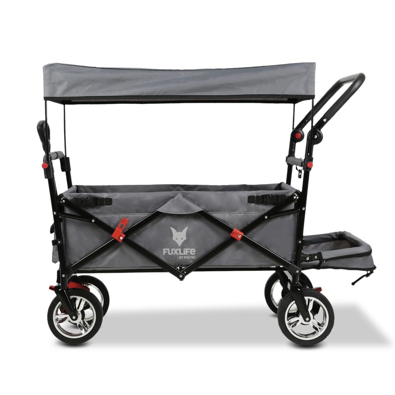 FUXLIFE Carrello Pieghevole FX-CT800 Grigio • Bollerwagen richiudibile con spazio extra per le gambe • Tettuccio parasole e ruote larghe • Volume 105 L e portata 75 kg