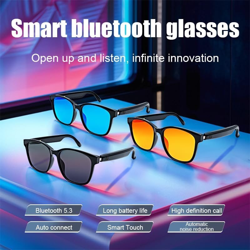 Three pairs of SUNOL smart glasses with different lens colors and feature highlights