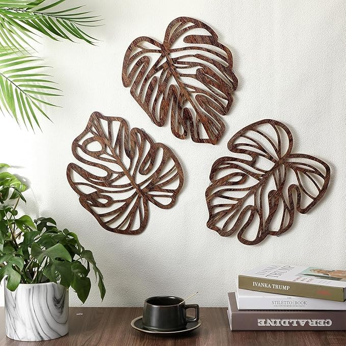 SHIVASHRAY CRAFTS Tropical Wall Art 3 Pcs Wooden Palm Leaves Wall Decor Hawaiian Art Wall Decor Wooden Leaves Plant Wall Decor Vintage Tropical Plant Plaque for Home Bathroom Room Office(Brown)-image-25