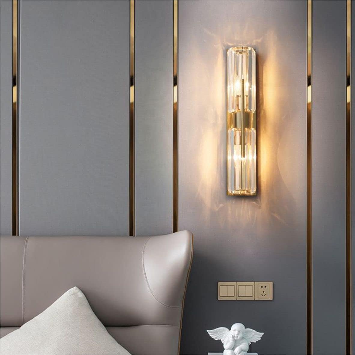 Modern Luxury Crystal Wall Sconce 2-Light Gold Mid Century Brass Wall Lighting Elegant Bedside Wall Lamp for Bedroom Hallway Bathroom