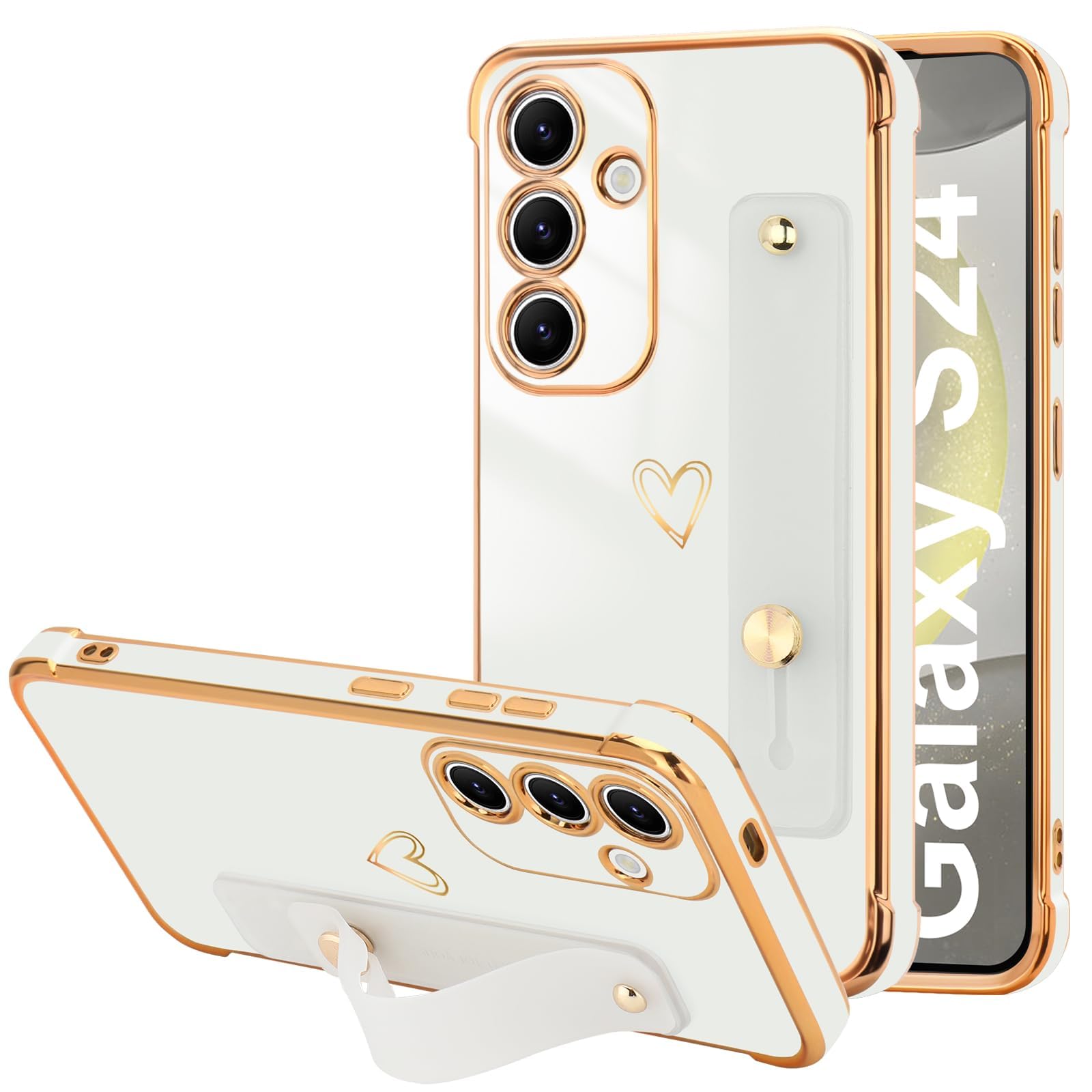 LLZ.COQUE for Samsung Galaxy S24 Case for Women Girls, Bling Luxury Plated with Love-Heart Design Cover, Adjustable Hand Strap Stand, Bumper