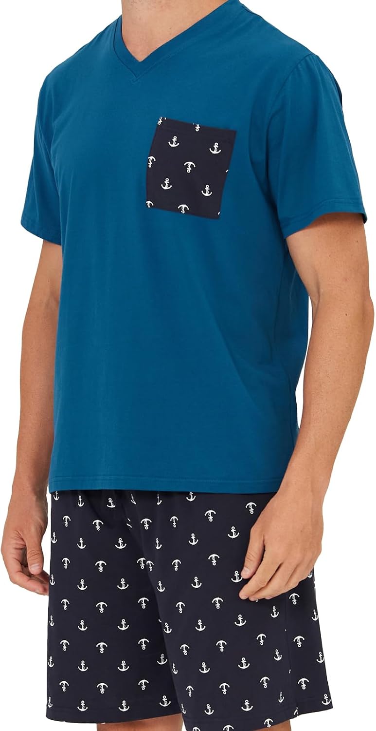 Keyocean Mens Pajama Set, Soft Cotton V-Neck Short-Sleeve T-Shirt & Shorts Summer PJ Set for Sleeping - Image 4