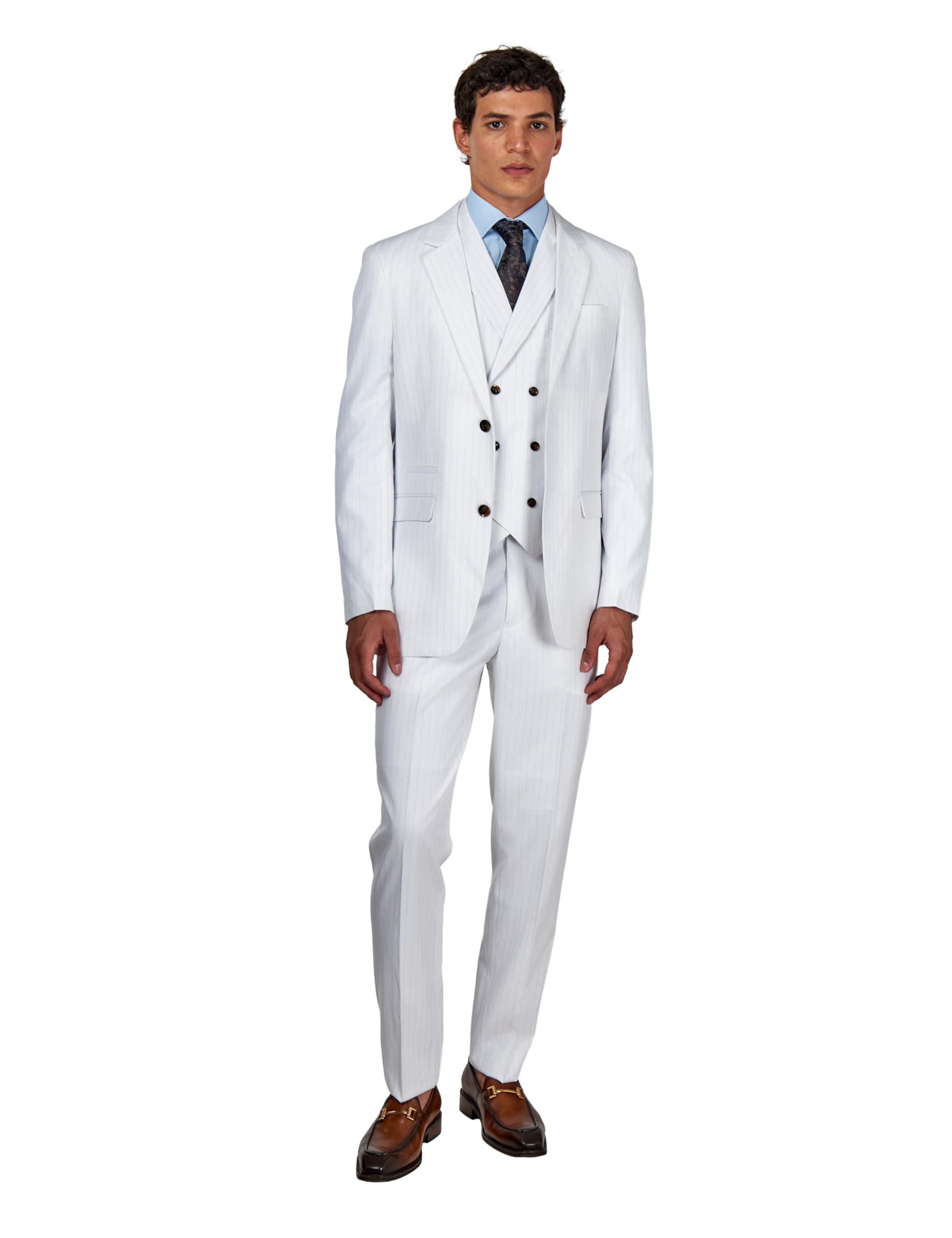 Neil - Mens White 3 Piece Suit Gold Pinstripe Smart Formal Tailored Fit Wedding Party[SUIT-3P-NEIL-WHITE-42]