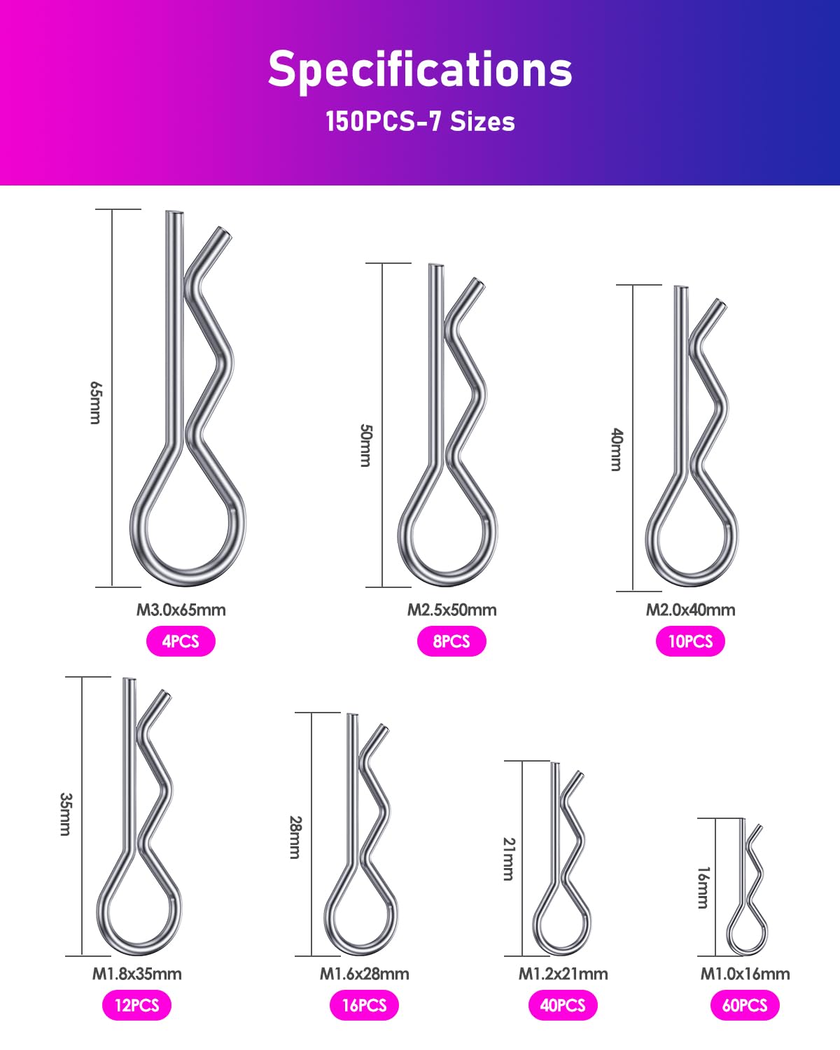 Set di 150 splinte in acciaio inox, 7 misure a molla, 304 clip a R, in acciaio inox, assortimento di morsetti a molla per auto, meccanica, riparazione navale