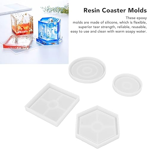 Miniatura 4 de Moldes de posavasos para fundición de resina, 4 moldes de silicona para posavasos de bricolaje, moldes de resina cuadrados, redondos, manualidades,