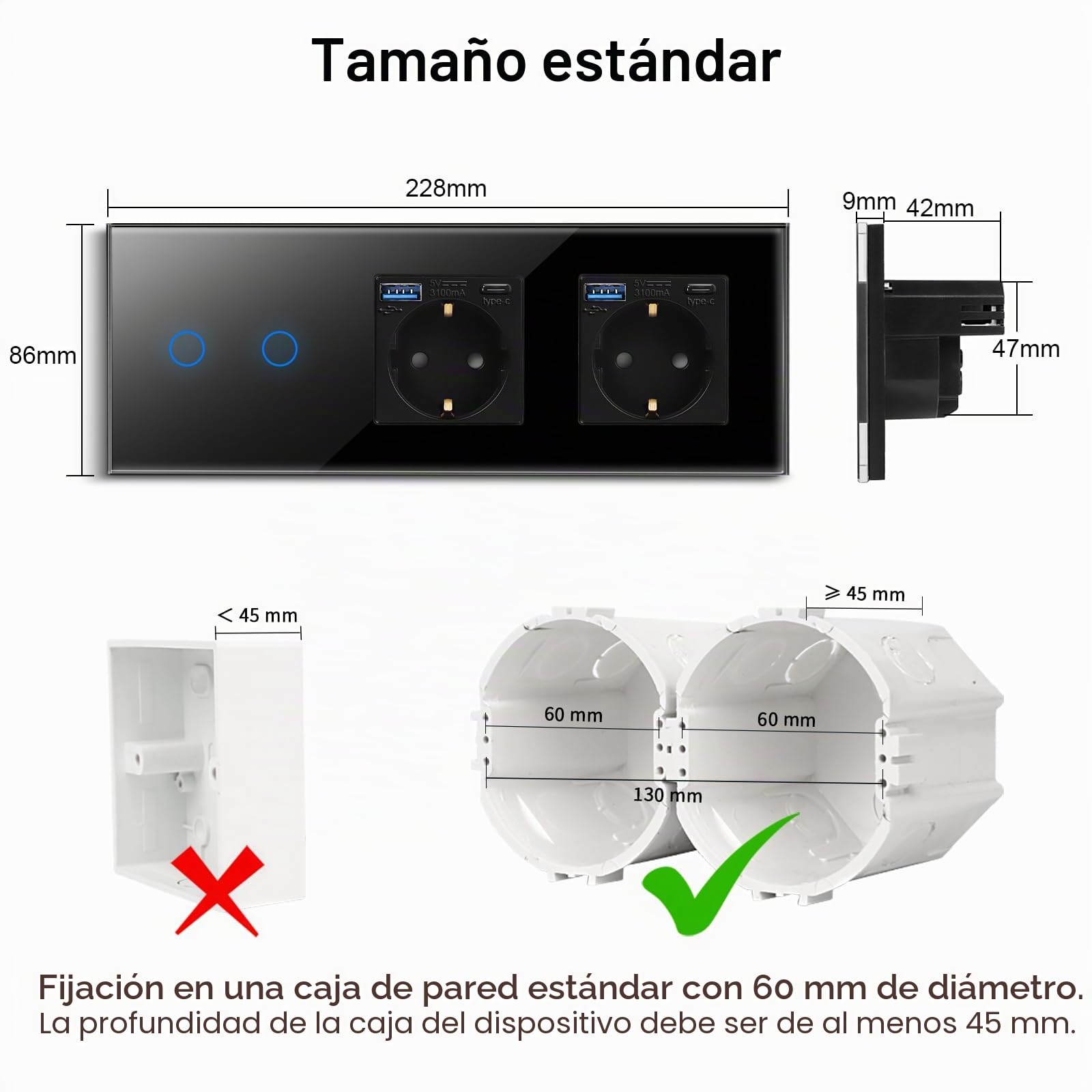 CNBINGO Interruptor de luz táctil con doble enchufe con puertos USB (tipo C y tipo A 3,1 amp total) – Enchufe USB Schuko empotrado – Interruptor de pared de cristal simple en Negro – 2 vía