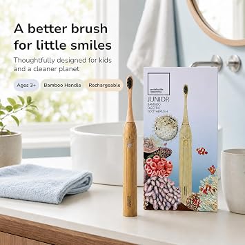 Sustainable Tomorrow Junior Bamboo Electric Toothbrush for Kids Ages 3+ Gentle Vibrating Toothbrush with Soft Bristles | 2-Minute Timer | Ergonomic Handle | Eco-Friendly, Plastic-Reduced Design