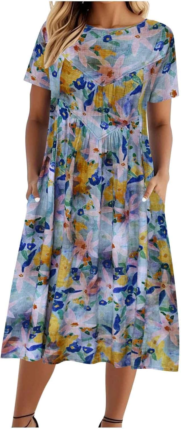 Abito Floreale Donna Masrin: Vestito Corto Oversize In Cotone, Con Tasche, Scollo Rotondo, Stile Retrò