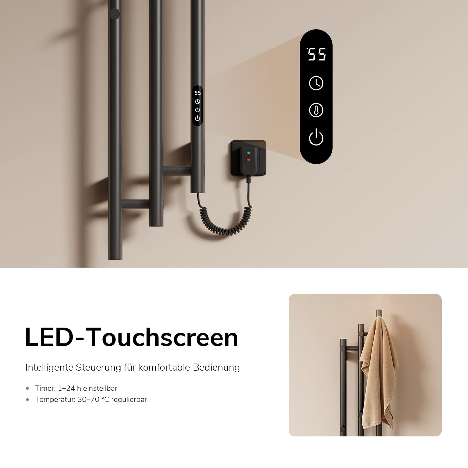 EMKE Elektrischer Handtuchheizkörper 1150 x 216 mm, Design-Handtuchwärmer mit WiFi-App-Steuerung, Badheizkörper mit 6 Haken, 220 W, IP45, Grau
