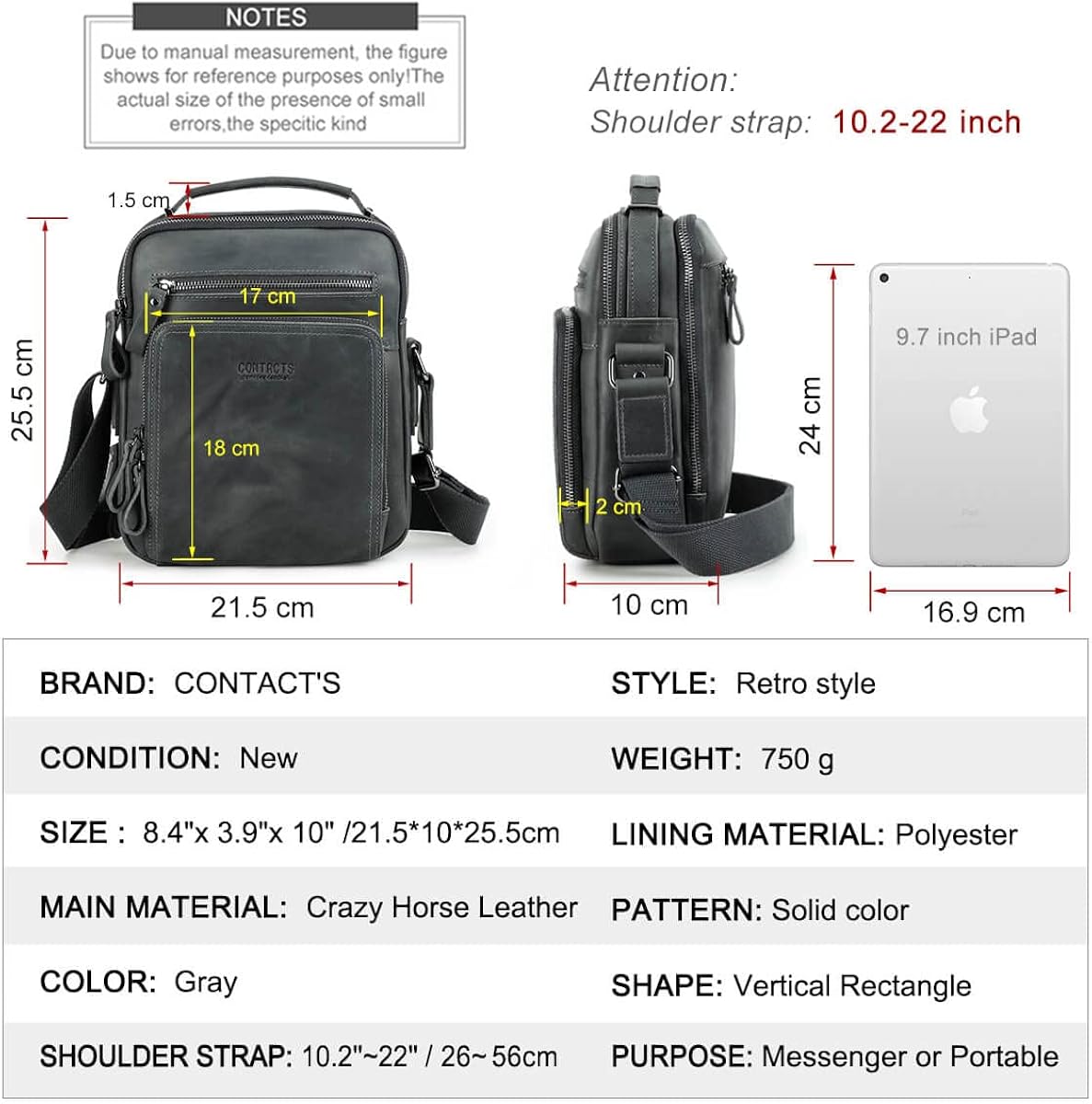 Miniatura 3 de Hiram Messenger Bag for Men, Crazy Horse Cowhide Leather Crossbody Shoulder Bag