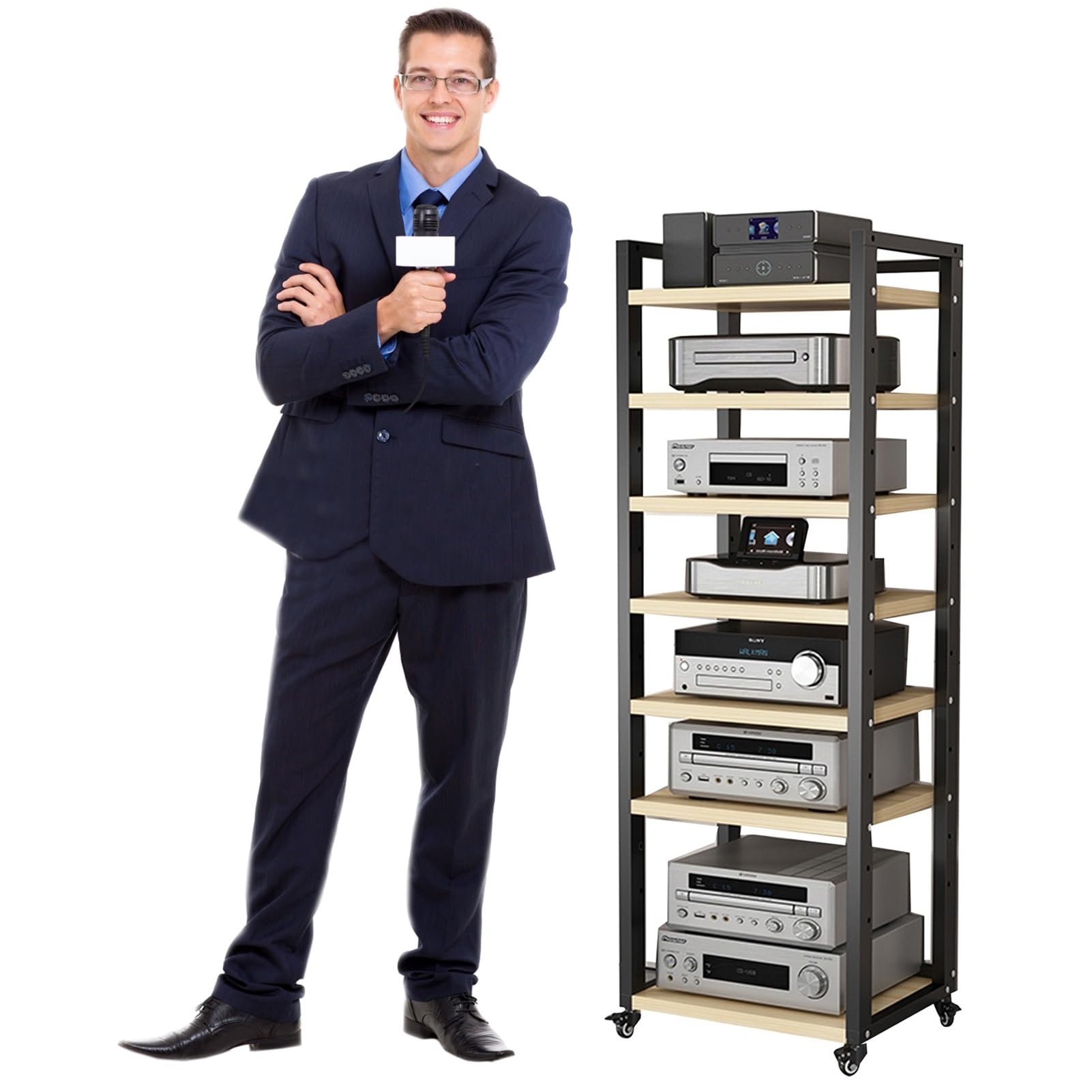 Szafka na sprzęt audio, Wielofunkcyjny stojak na komponenty audio/wideo o wysokości 161 cm i 63 cali, nowoczesna szafka z kółkami kółkach(Black1,7 TIER50CM WIDE)