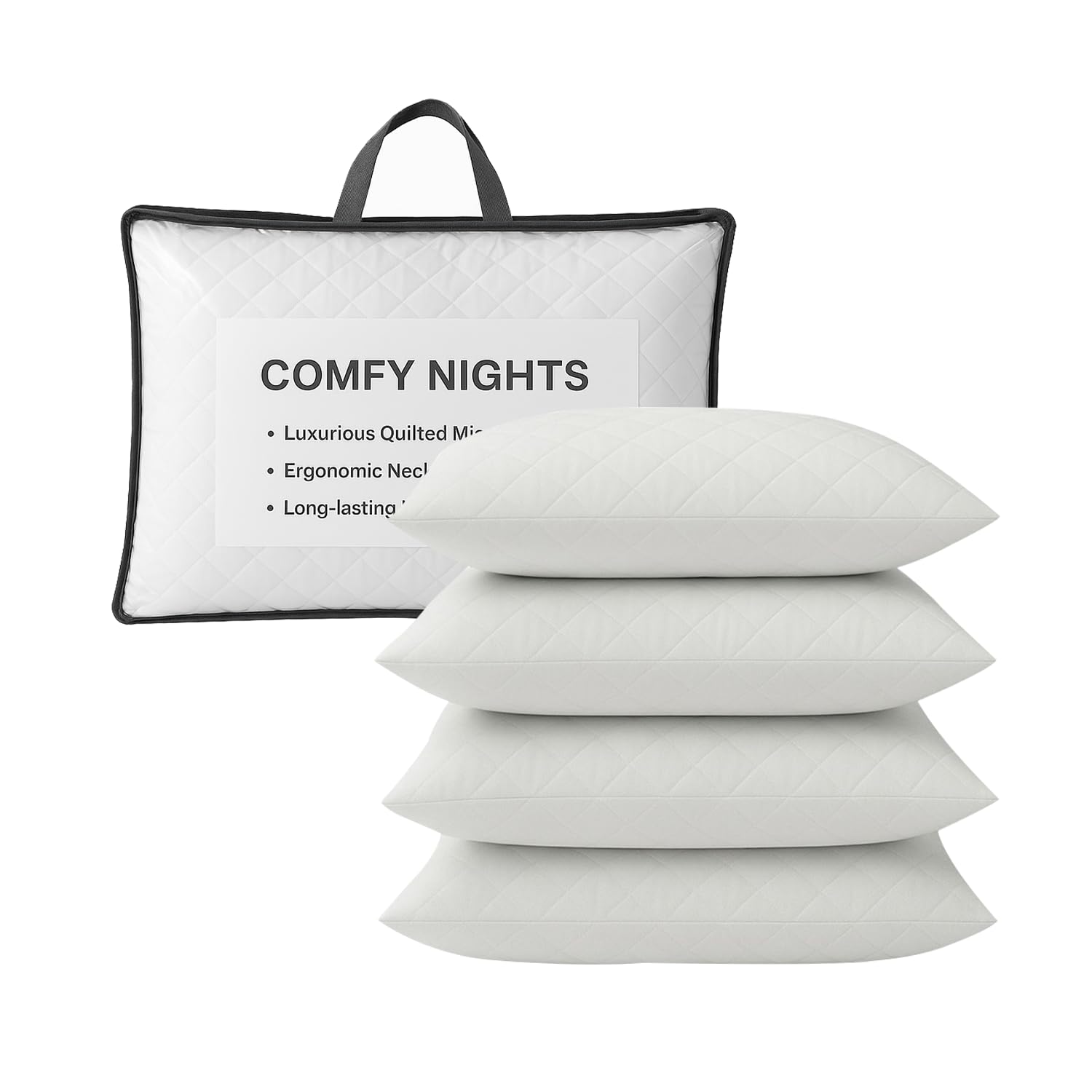Comfy Nights Quilted 4 Pack Hotel Quality Bounce Back Firm Suport Back Neck And Shoulder Pain Relief Pillow - 4Pack