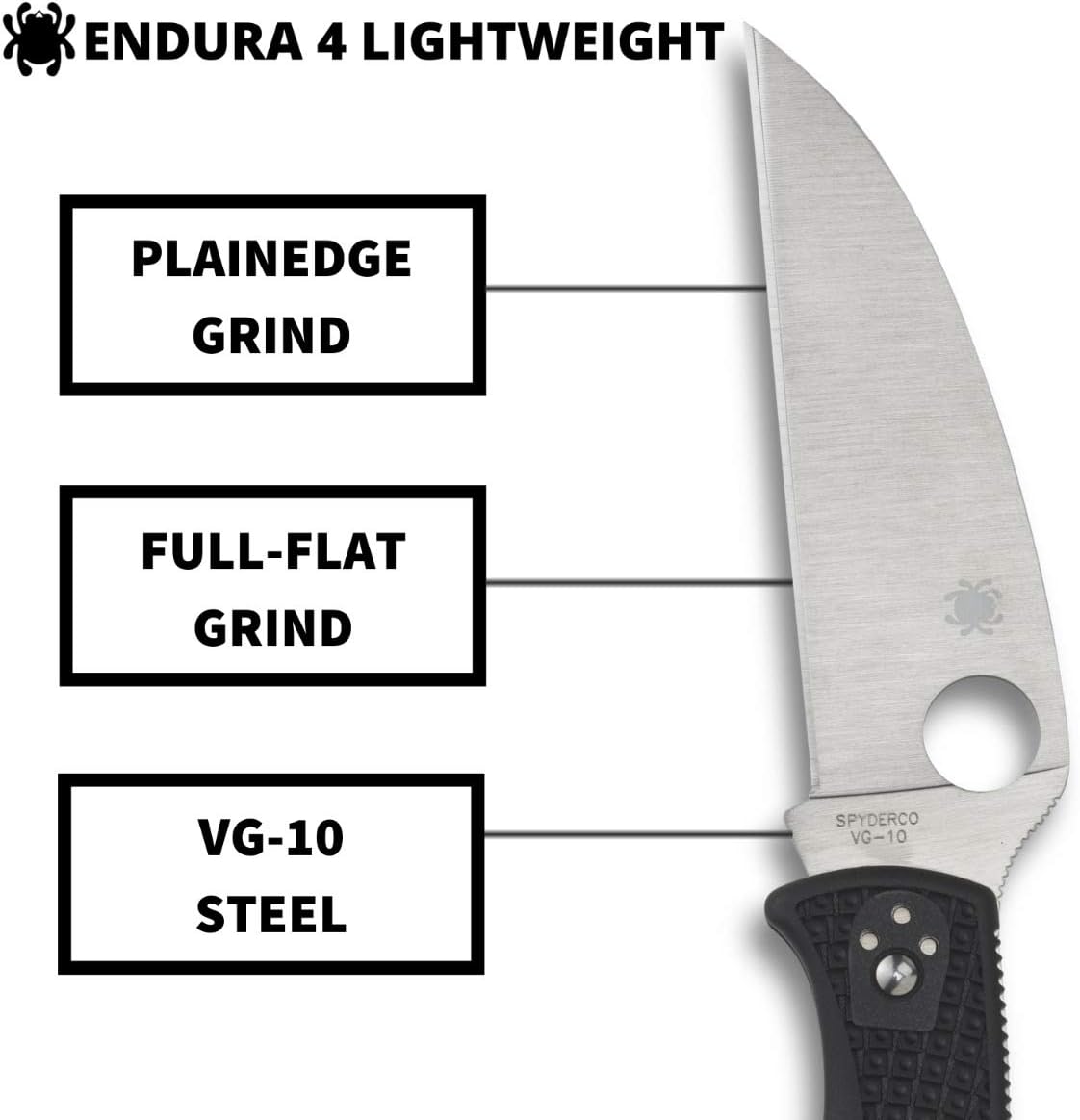 Spyderco Endura 4 Wharncliffe Folding Pocket Knife with 3.7" VG-10 Steel Blade and FRN Handle - EDC Knife for Men and Women, Perfect for Hunting, Tactical, Camping, Survival - PlainEdge - C10FPWCBK