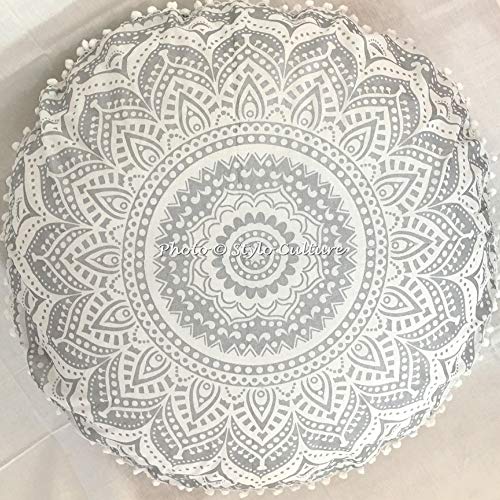 Stylo Culture Ethnisch Dekorativ Rund Bodenkissenbezug 80x80 cm Groß Sitzsack Kissen Mandala Silber Boho Pom Pom Spitze… – Bild 4