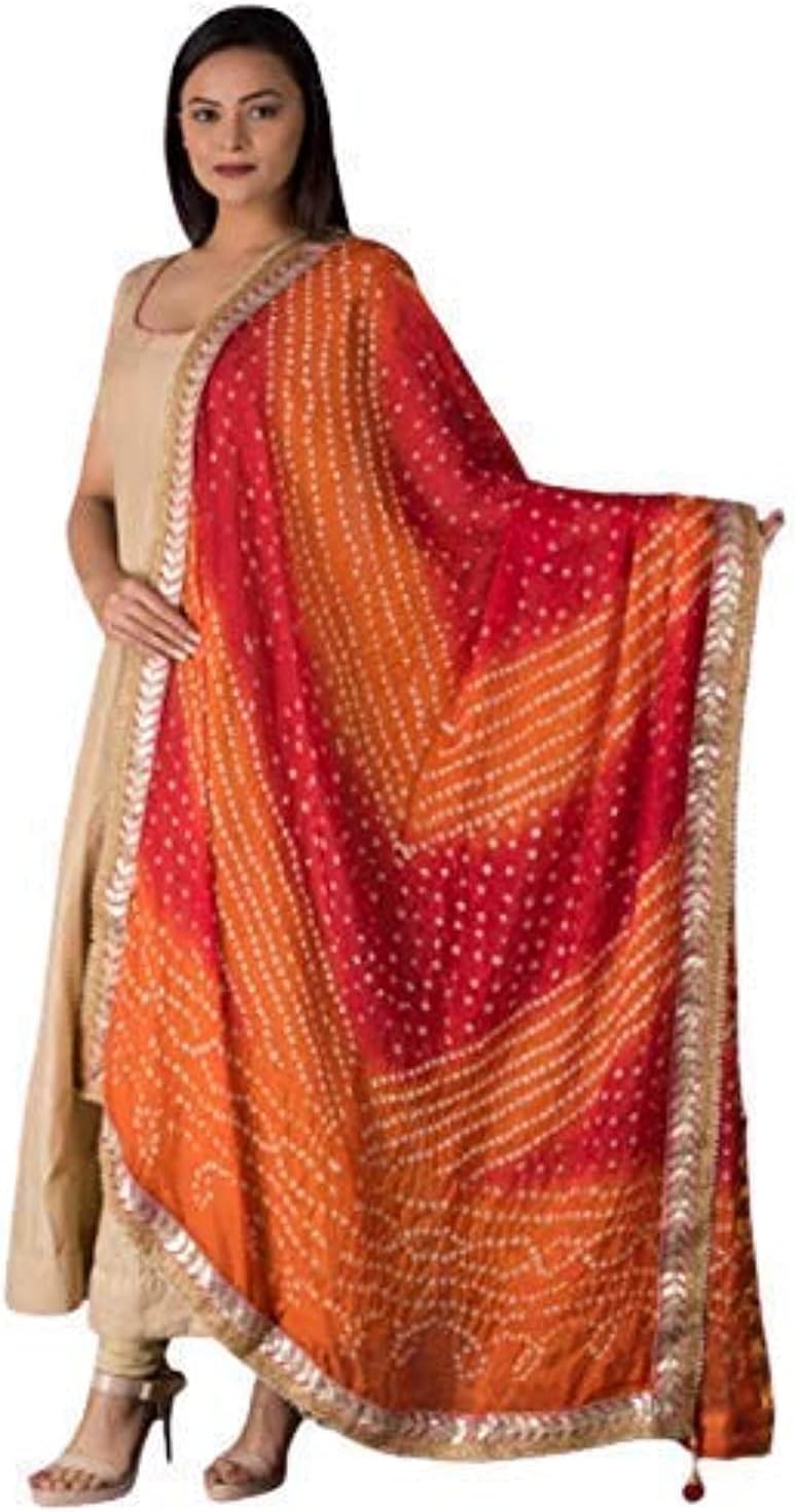kalpit creationsWomen's Jaipuri Art Silk Bandhej Rajasthani Bandhani Dupatta with Gota Patti Lace