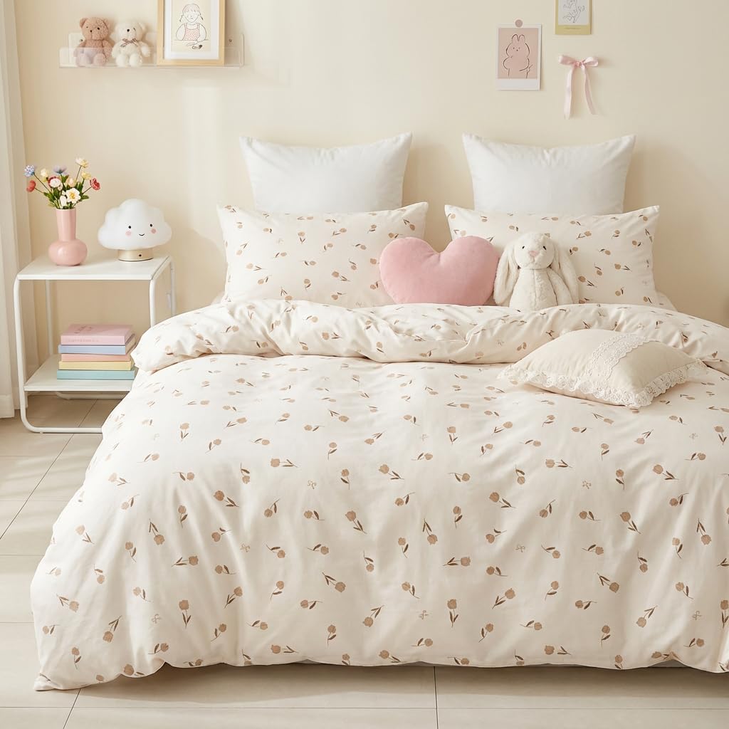 Covebett Duvet Cover Sets Double Beige Brown Floral Flowers Bow Print Microfibre Bedding Set 3pcs Botanical Aesthetic Teen Girls Quilt Cover 200x200 cm with Zipper Closure and 2 Pillowcase 50x75 cm
