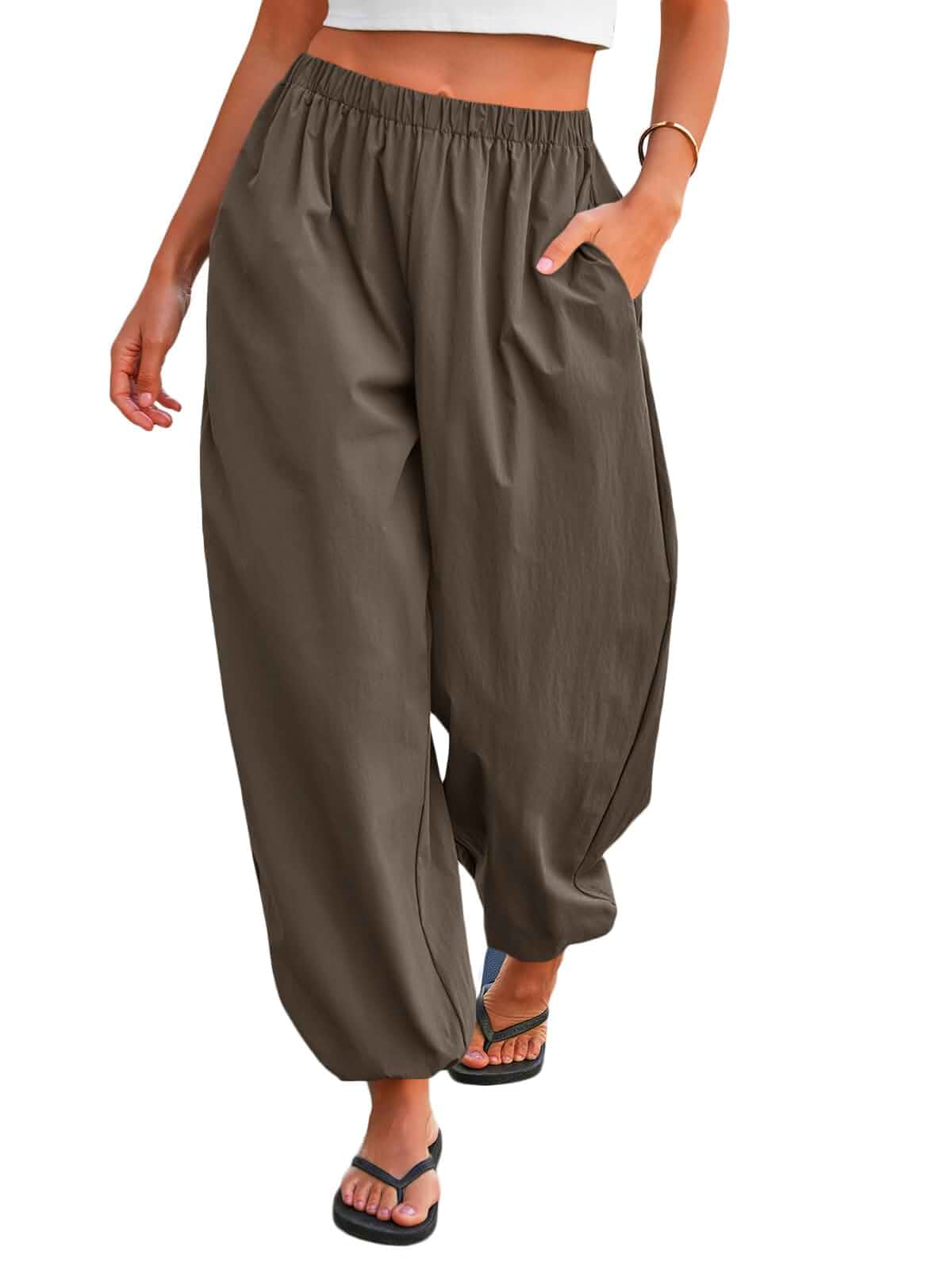 Tankaneo Womens Balloon Pants Elastic Waist Wide Leg Lantern Trousers Pleated Detail, Baggy Fit, Harem Pants, Trendy Casual, Summer & Fall Daily Outfits
